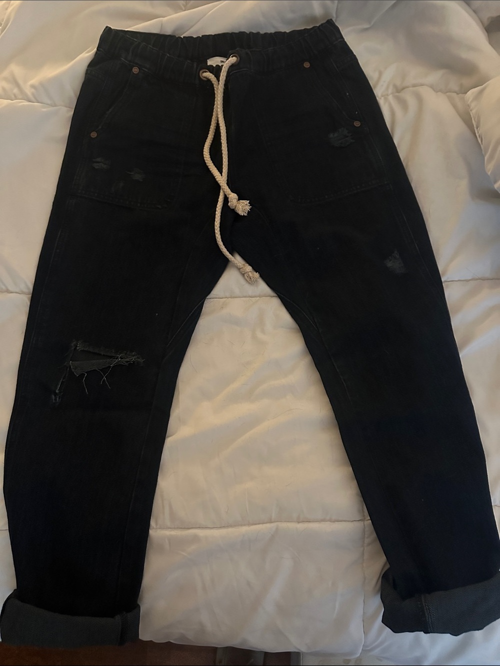 One Teaspoon Men's/Women’s Medium Black Relaxed Distressed Drawstring Jeans